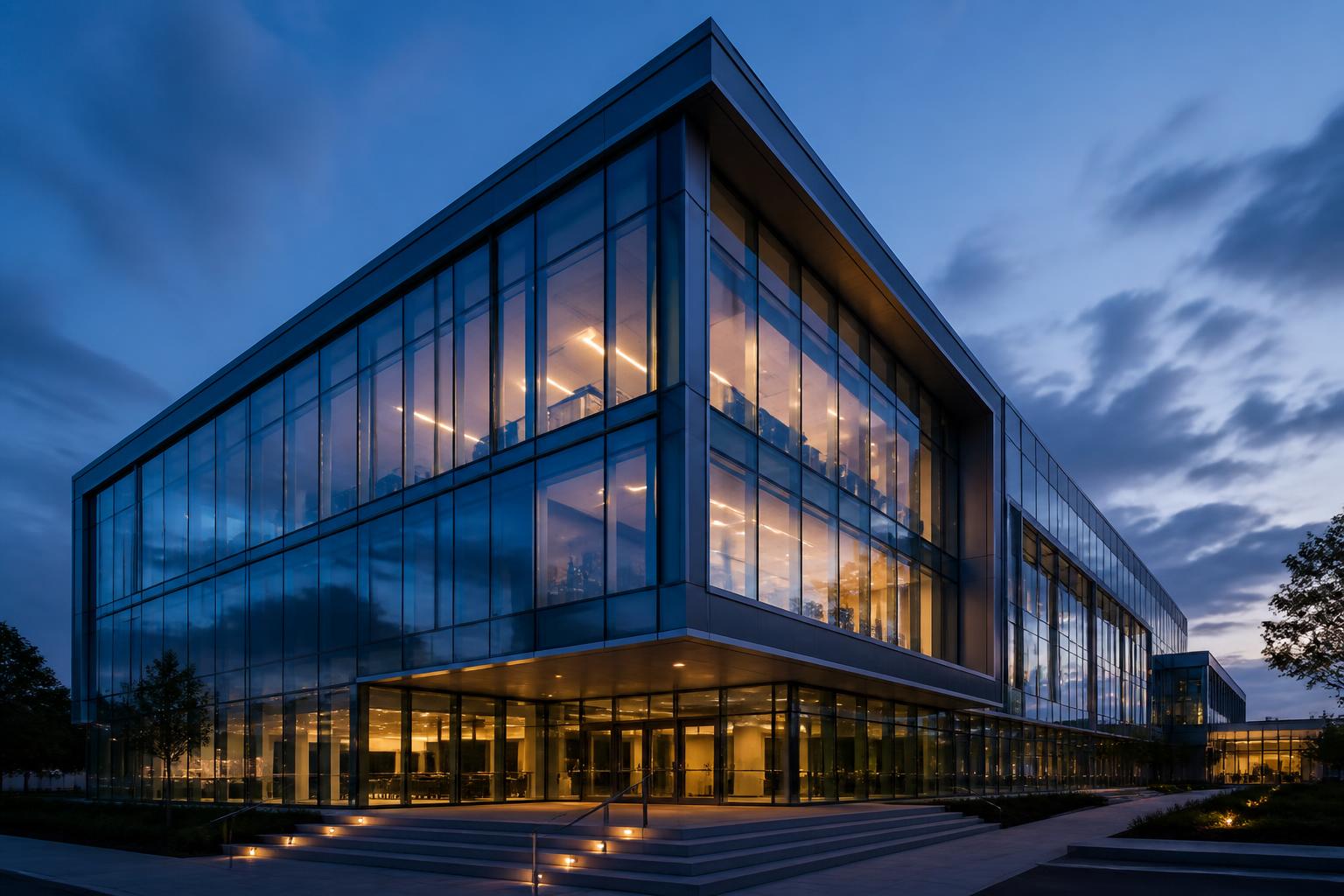 Glass and aluminium facade at dusk